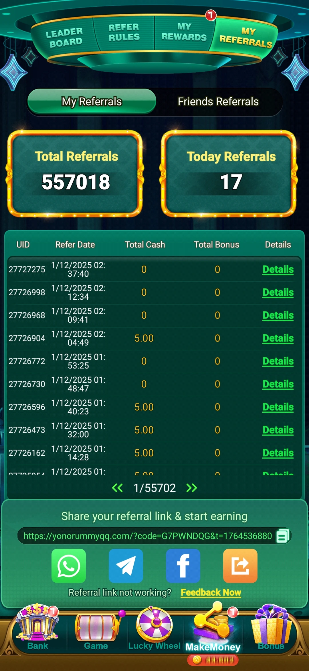 Jaiho Rummy bonus and missions screen screenshot